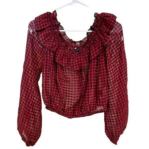 Olivaceous Plaid Ruffled Lantern Sleeve Off Shoulder Sheer Blouse NWT